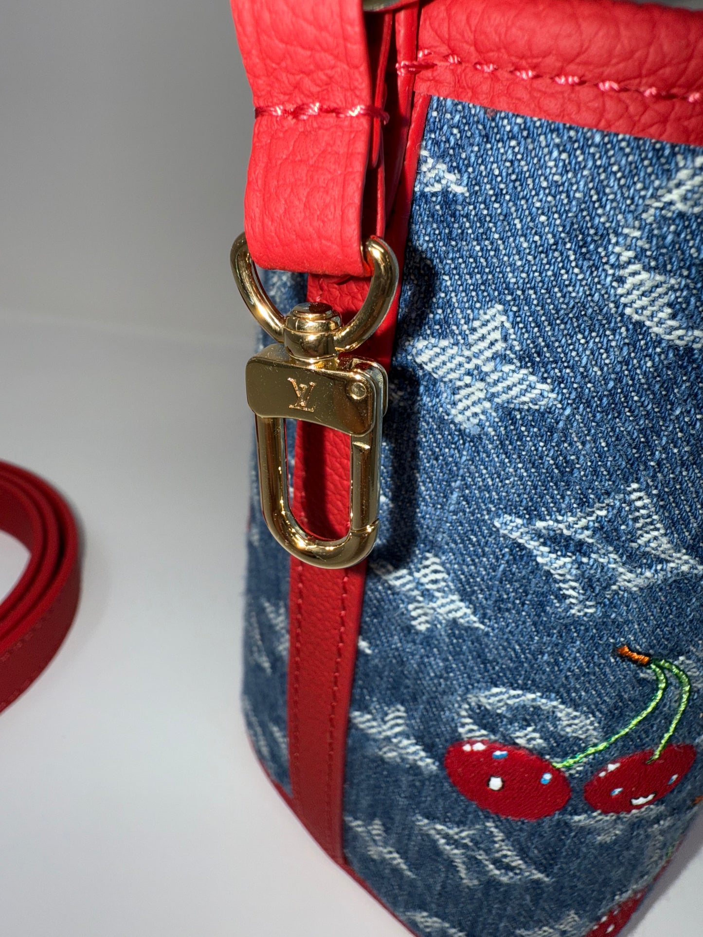 Louis Vuitton x Takashi Murakami Neverfull BB Inside Out Denim Cerises Cherry