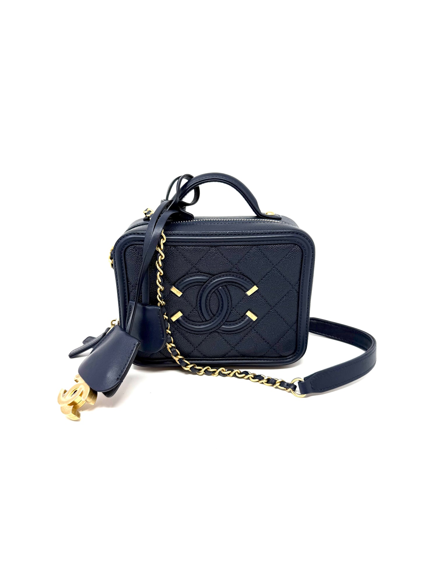 Chanel Small Caviar CC Filigree Vanity Case Navy Blue