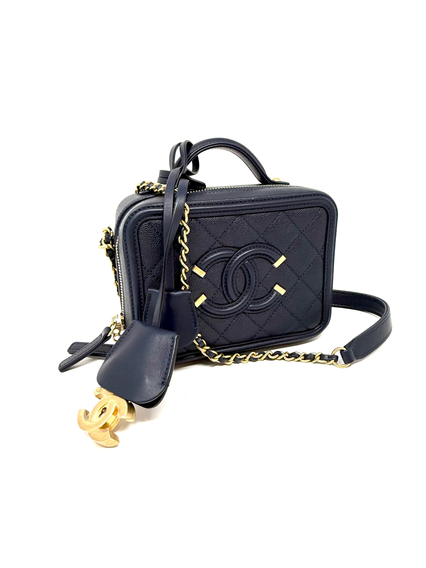 Chanel Small Caviar CC Filigree Vanity Case Navy Blue