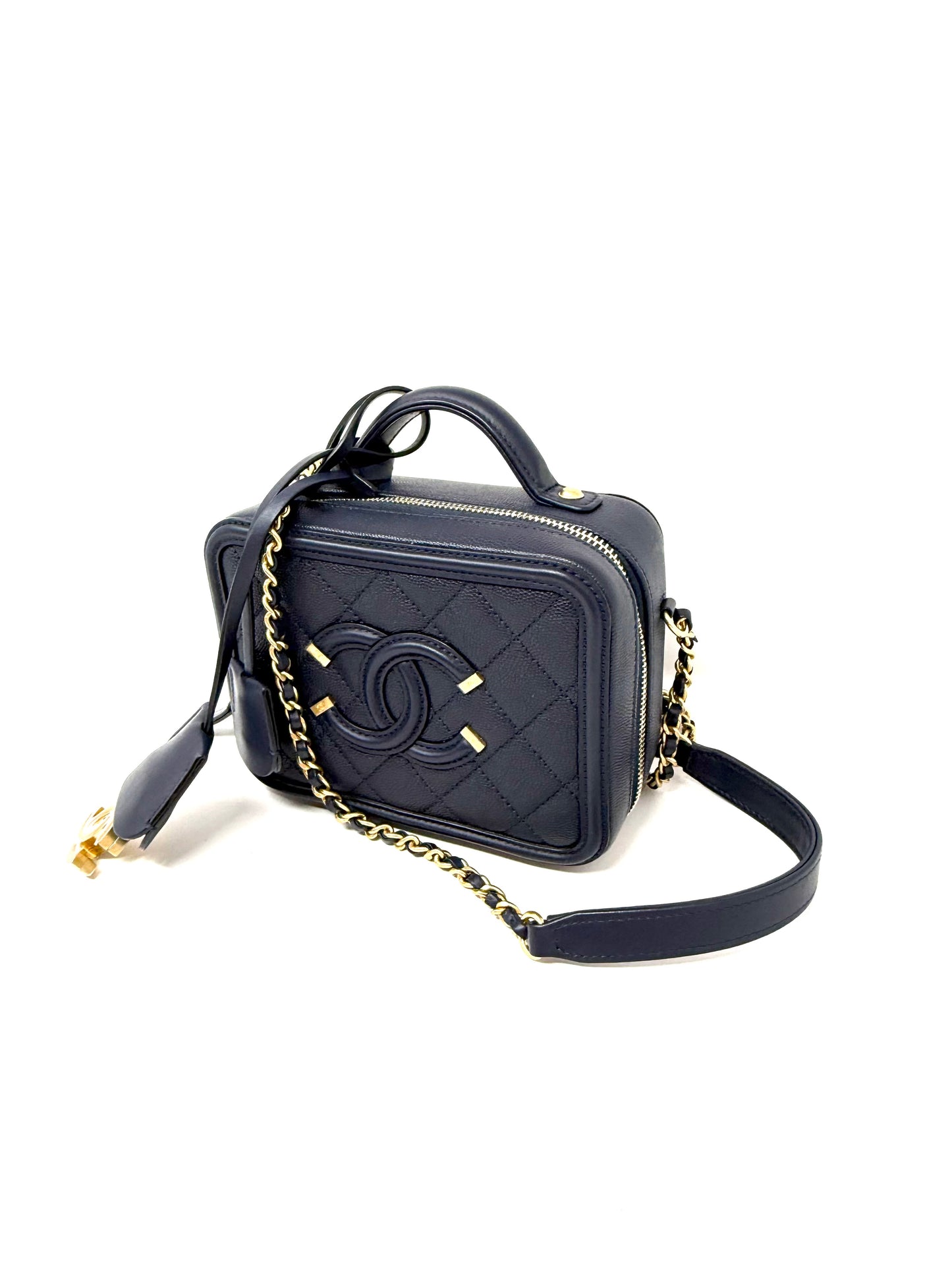 Chanel Small Caviar CC Filigree Vanity Case Navy Blue