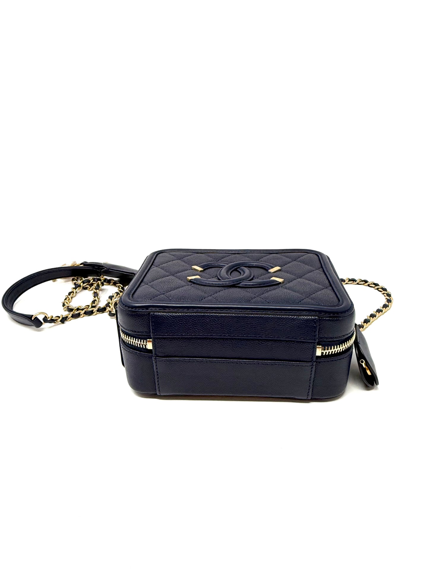 Chanel Small Caviar CC Filigree Vanity Case Navy Blue