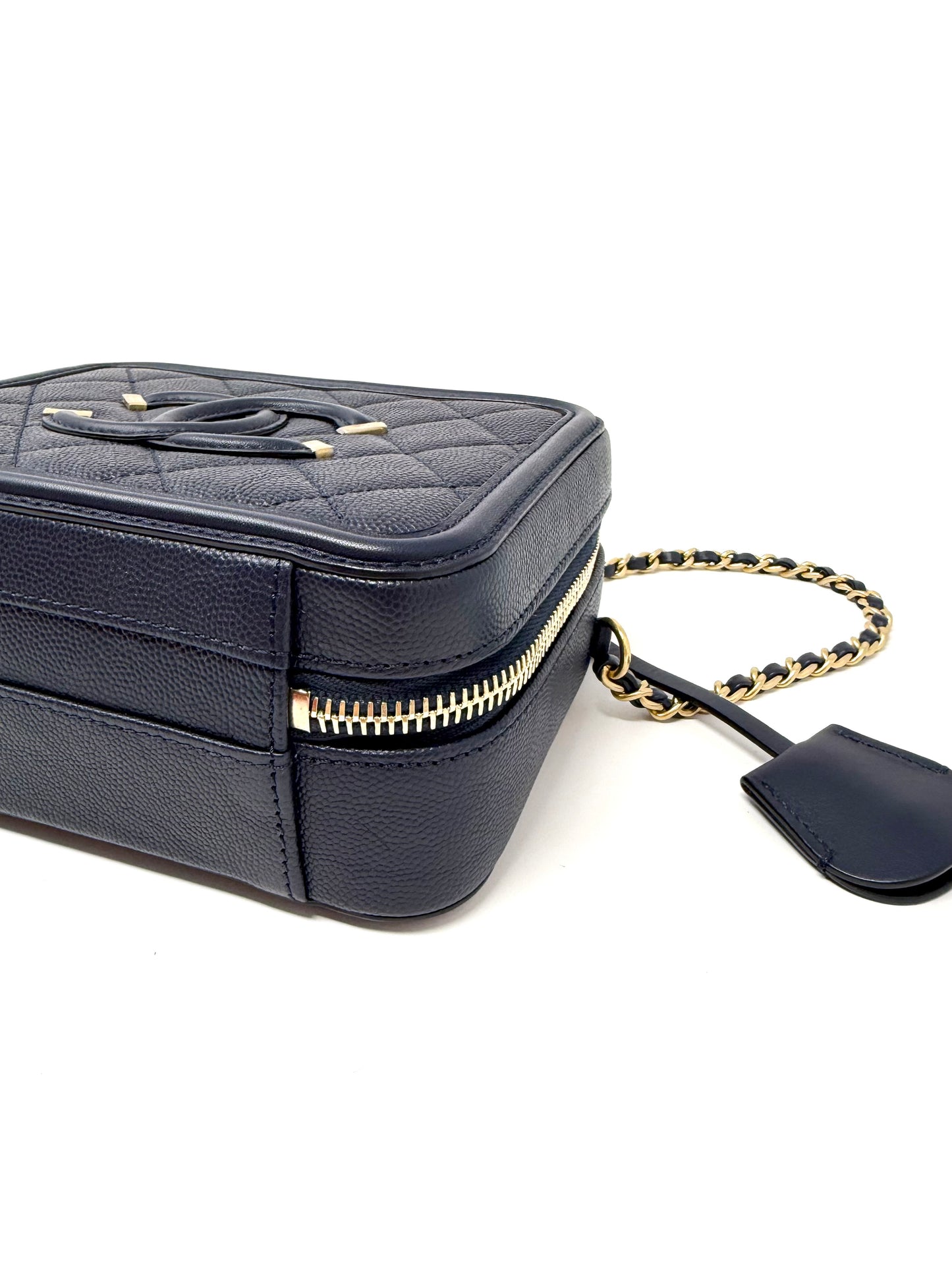Chanel Small Caviar CC Filigree Vanity Case Navy Blue