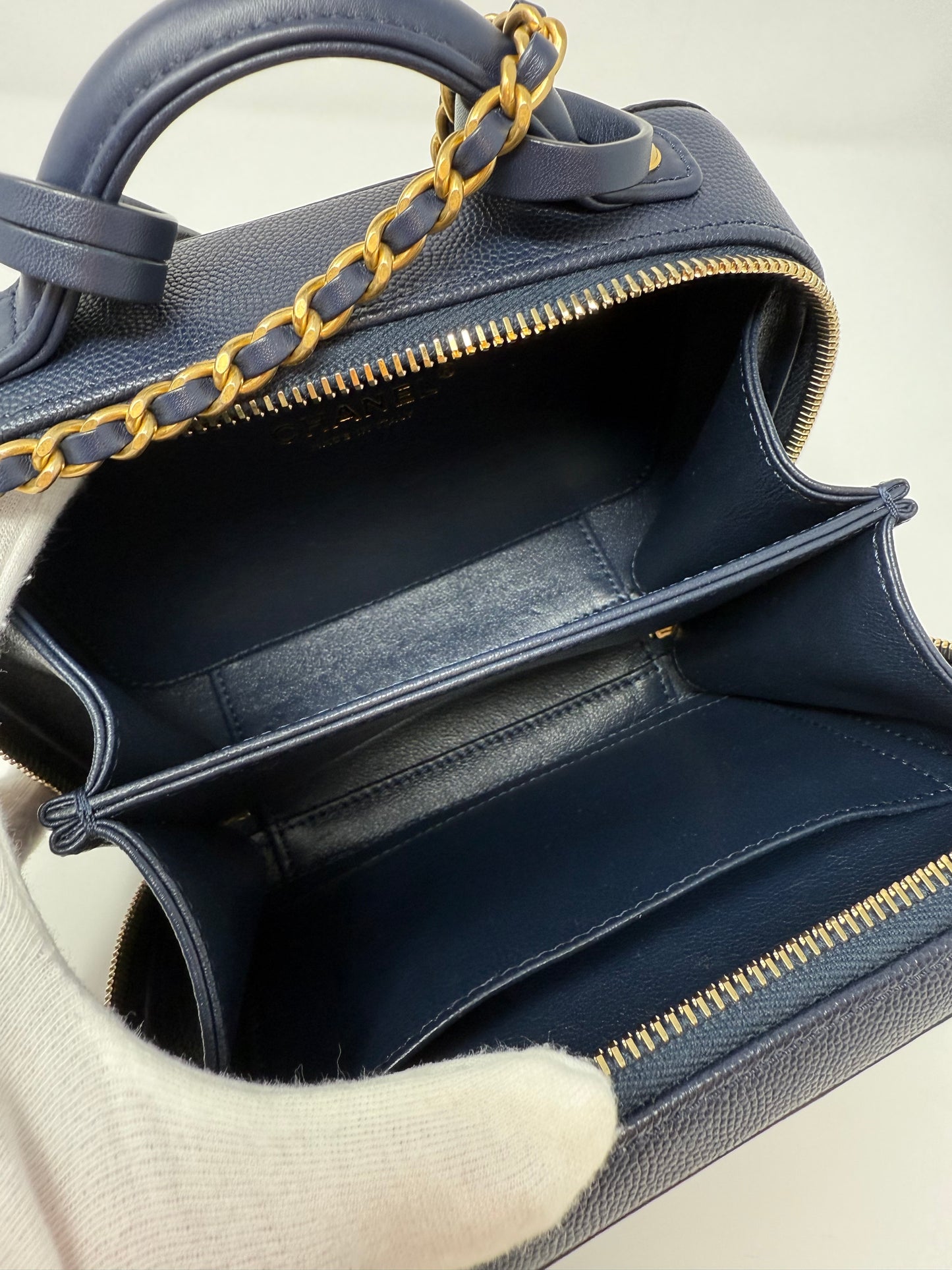 Chanel Small Caviar CC Filigree Vanity Case Navy Blue