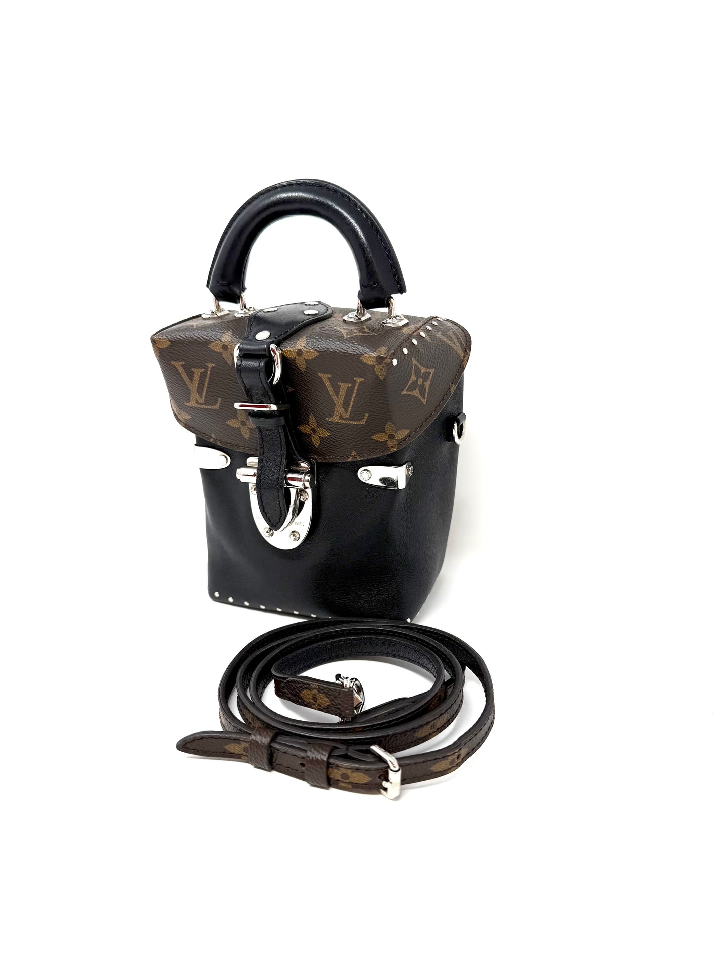 Louis Vuitton Camera Box Trunk Top Handle Studded Black Silver Monogram Canvas