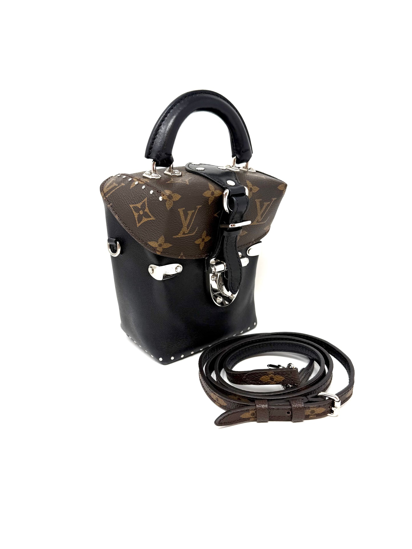 Louis Vuitton Camera Box Trunk Top Handle Studded Black Silver Monogram Canvas