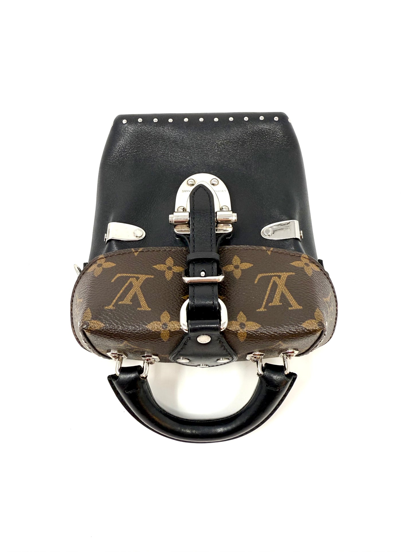 Louis Vuitton Camera Box Trunk Top Handle Studded Black Silver Monogram Canvas