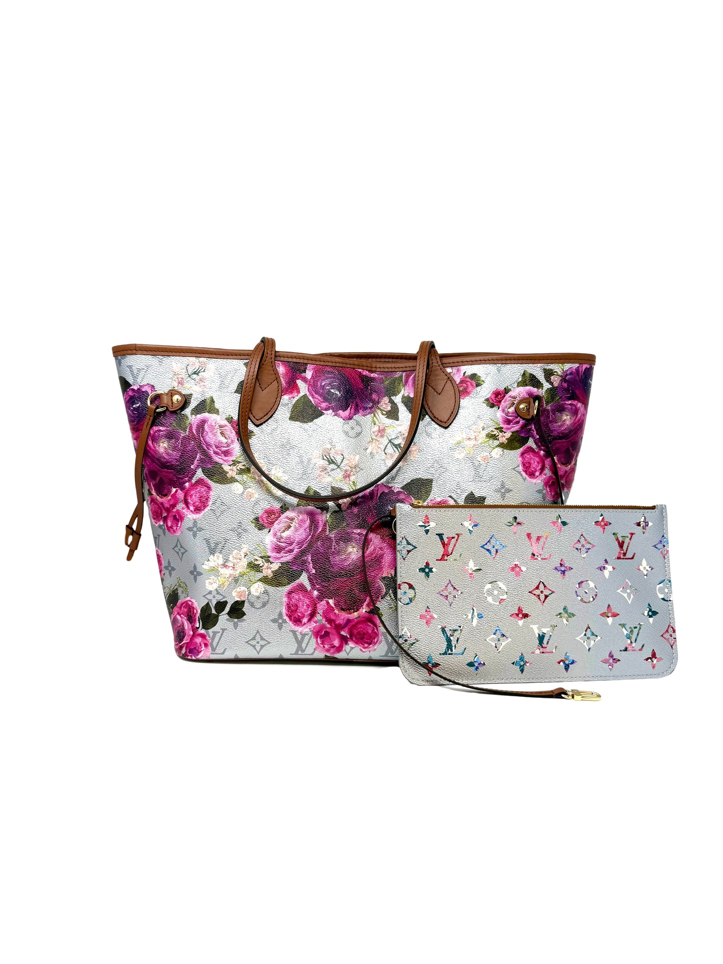 Louis Vuitton Metallic Monogram LV Garden Neverfull MM Multicolor Flower Silver