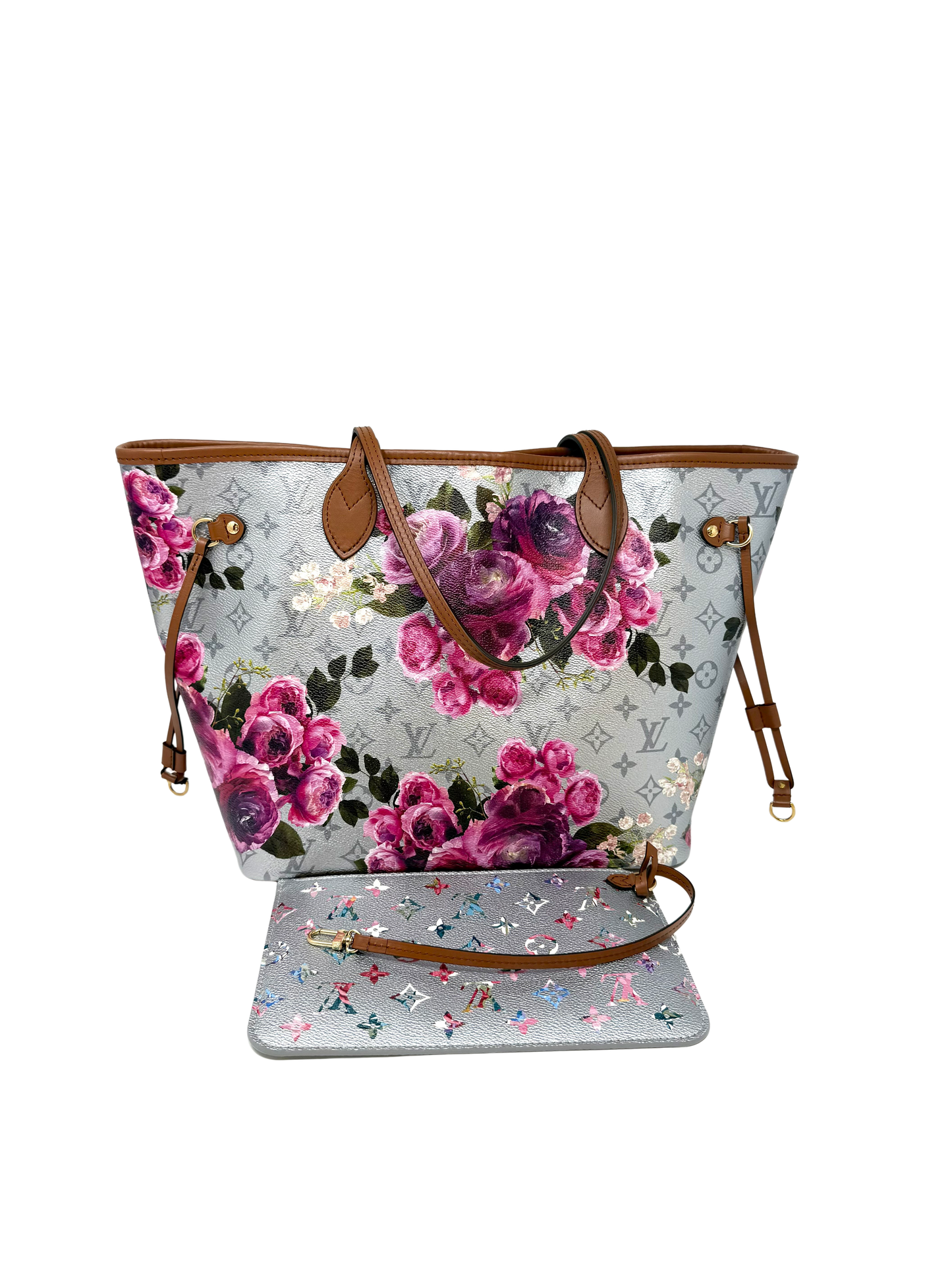 Louis Vuitton Metallic Monogram LV Garden Neverfull MM Multicolor Flower Silver