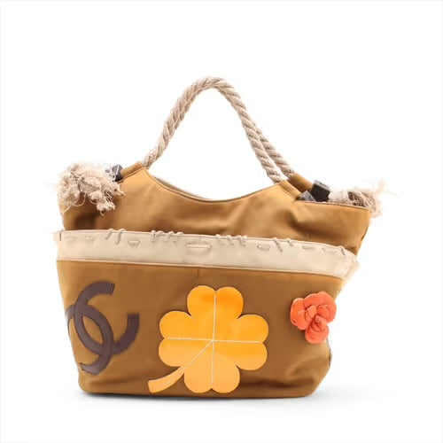 CHANEL Coco Mark Camelia Applique Beach Tote Handbag Lucky Clover Khaki Brown