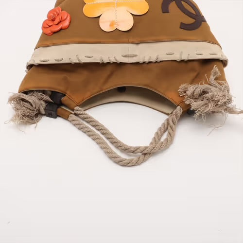 CHANEL Coco Mark Camelia Applique Beach Tote Handbag Lucky Clover Khaki Brown