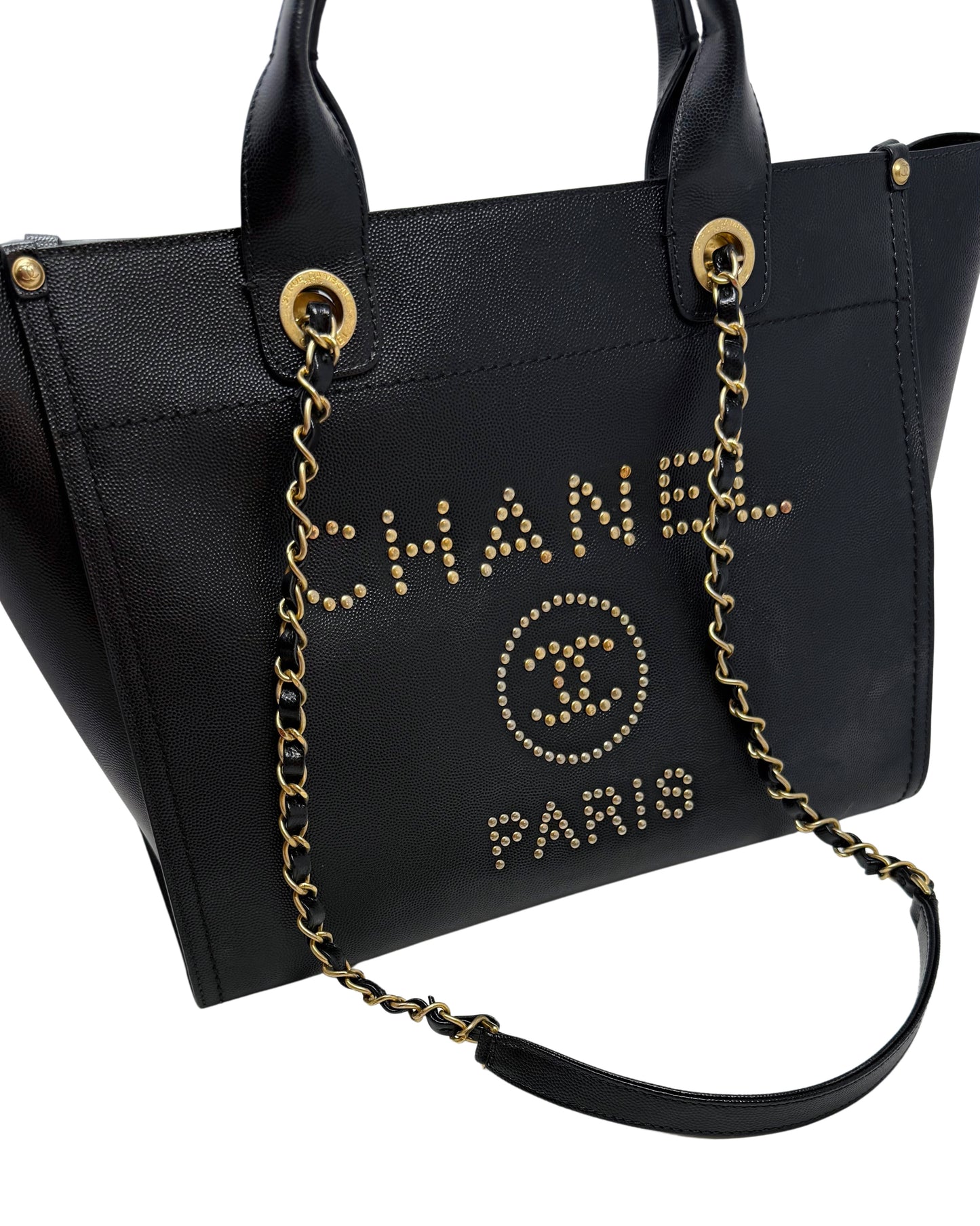CHANEL Small Black Caviar Studded Deauville Tote
