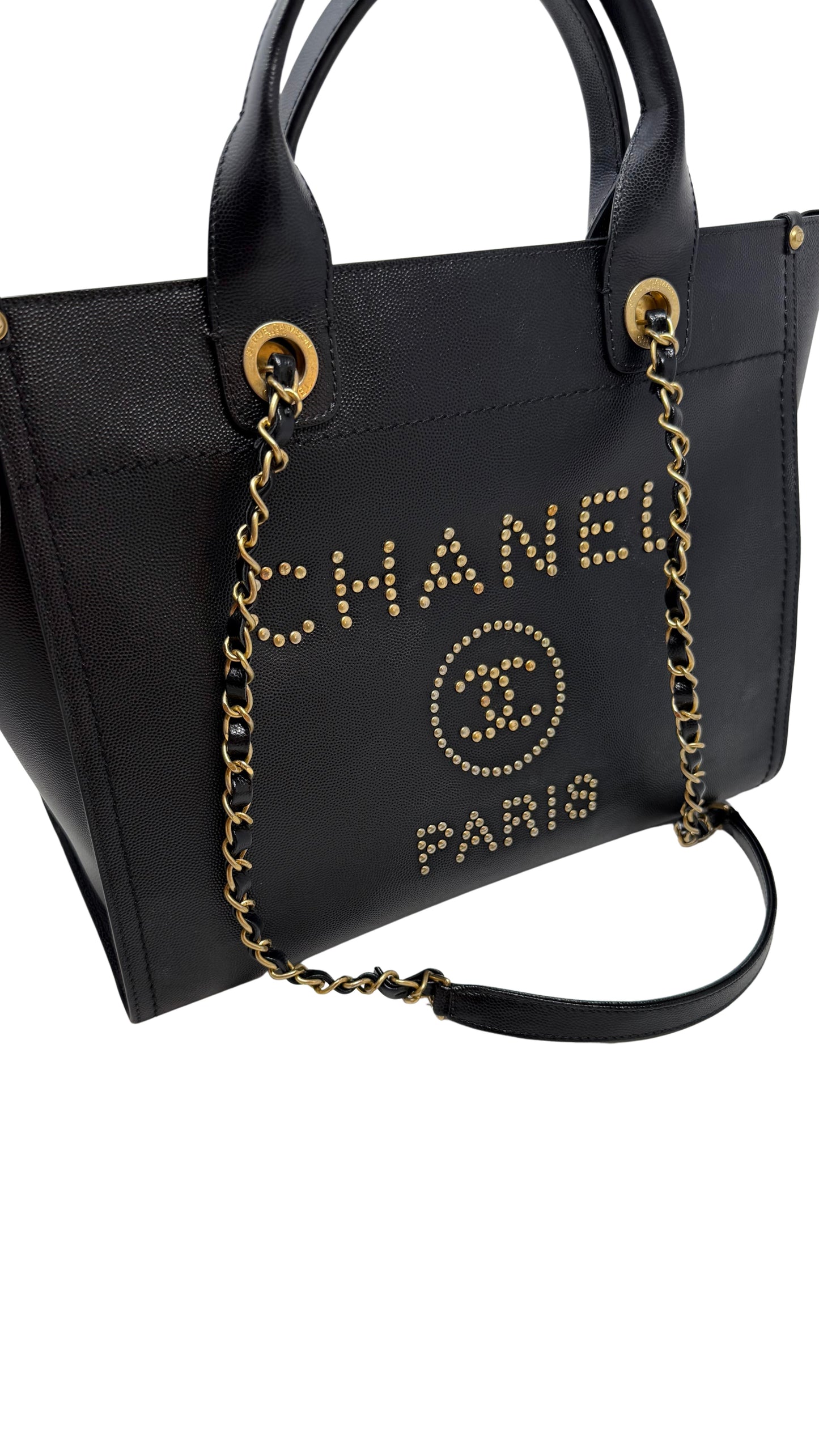CHANEL Small Black Caviar Studded Deauville Tote