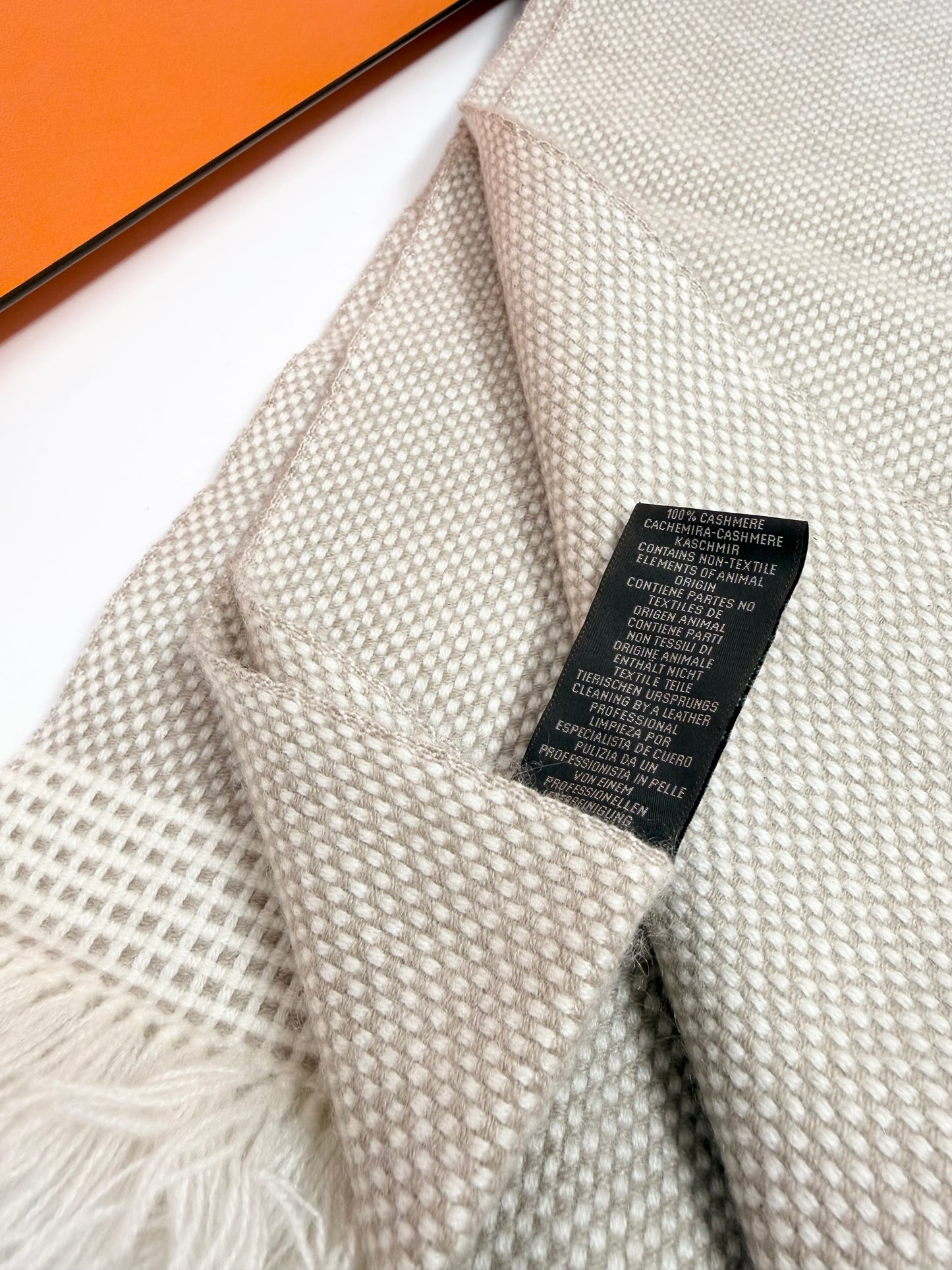 Hermes 100% Cashmere Warm Fringe Scarf Light Grey Brown White