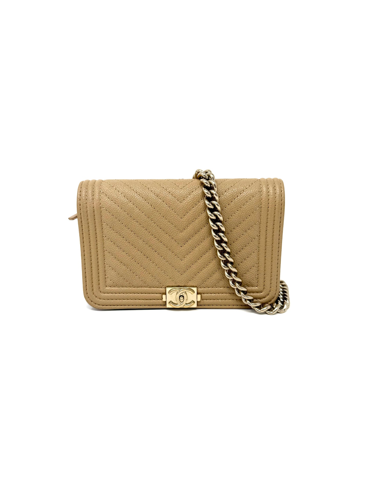 Chanel Caviar Quilted Boy Wallet on Chain Mini Beige Nude