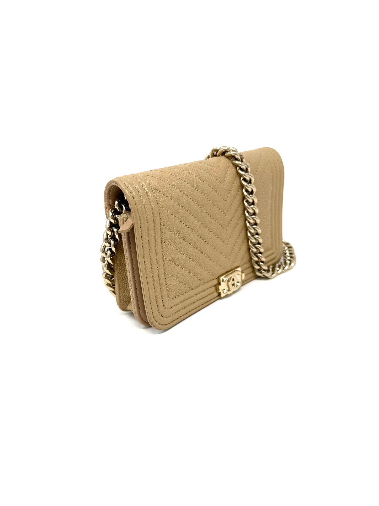 Chanel Caviar Quilted Boy Wallet on Chain Mini Beige Nude