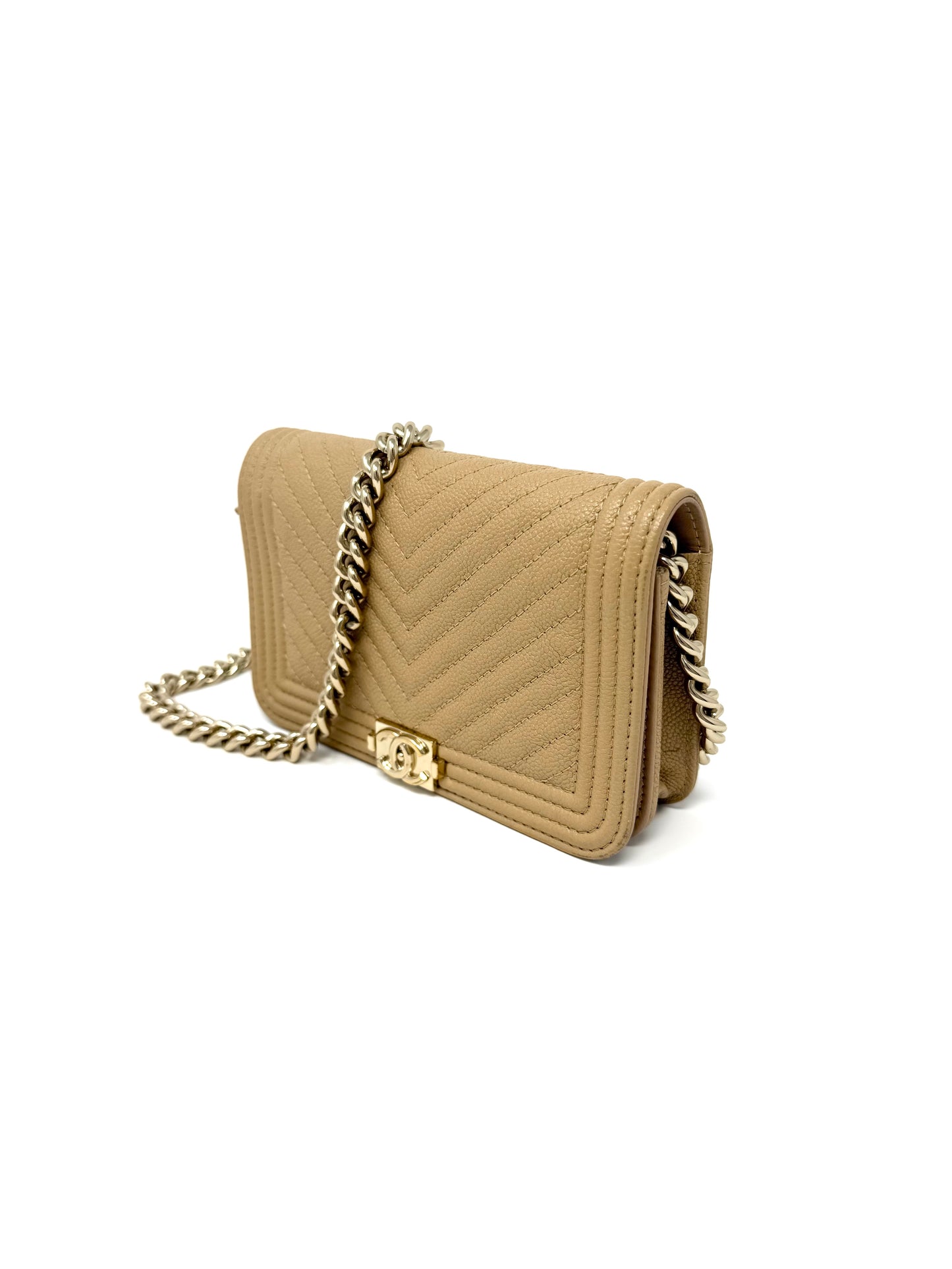 Chanel Caviar Quilted Boy Wallet on Chain Mini Beige Nude