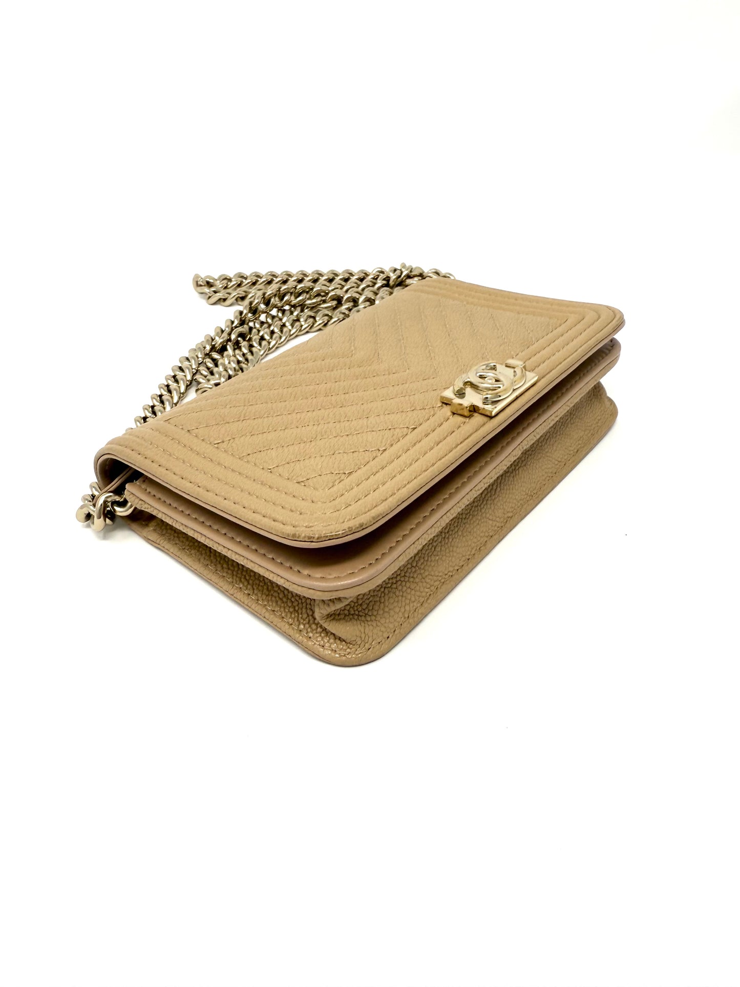 Chanel Caviar Quilted Boy Wallet on Chain Mini Beige Nude