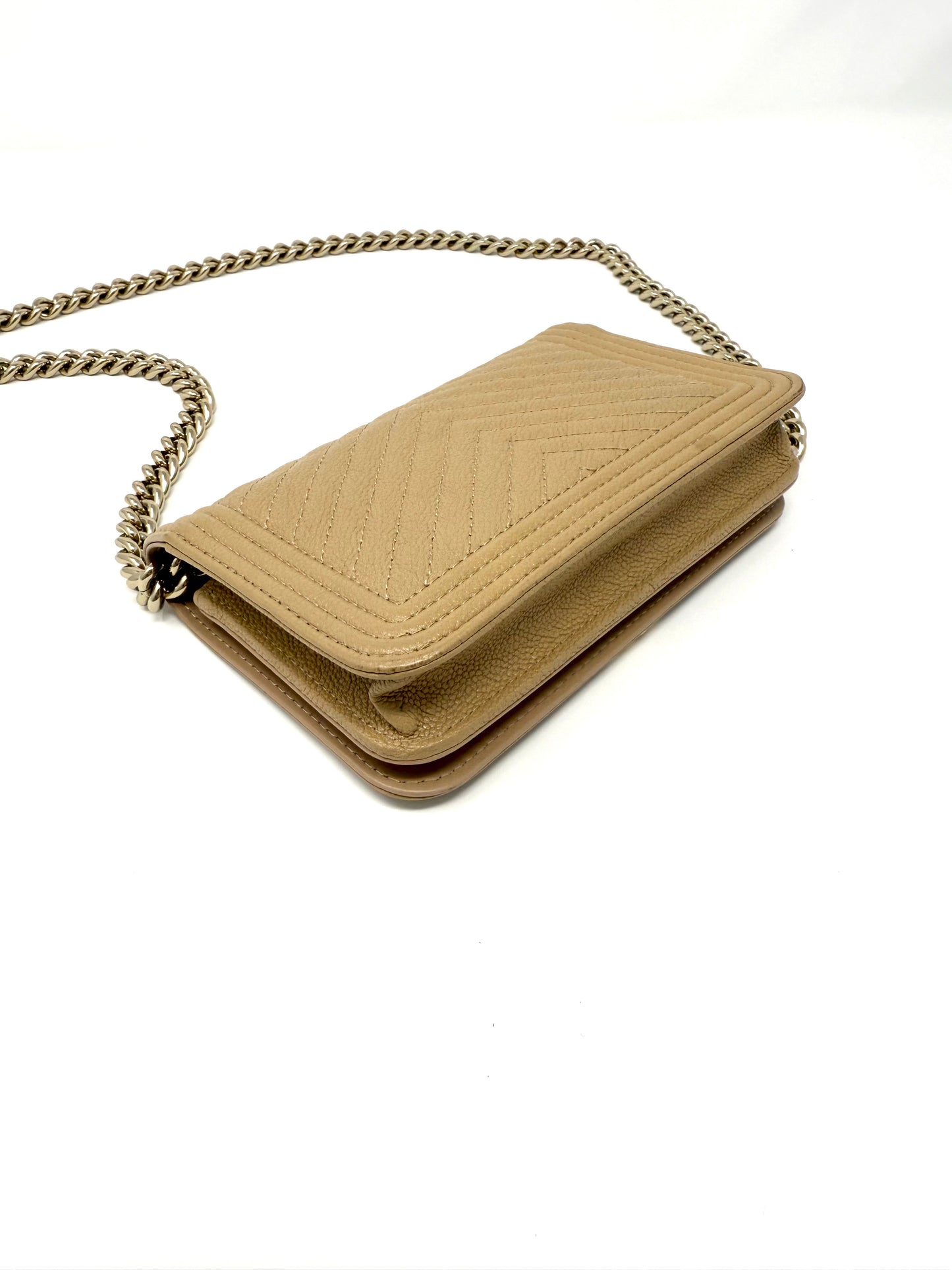 Chanel Caviar Quilted Boy Wallet on Chain Mini Beige Nude