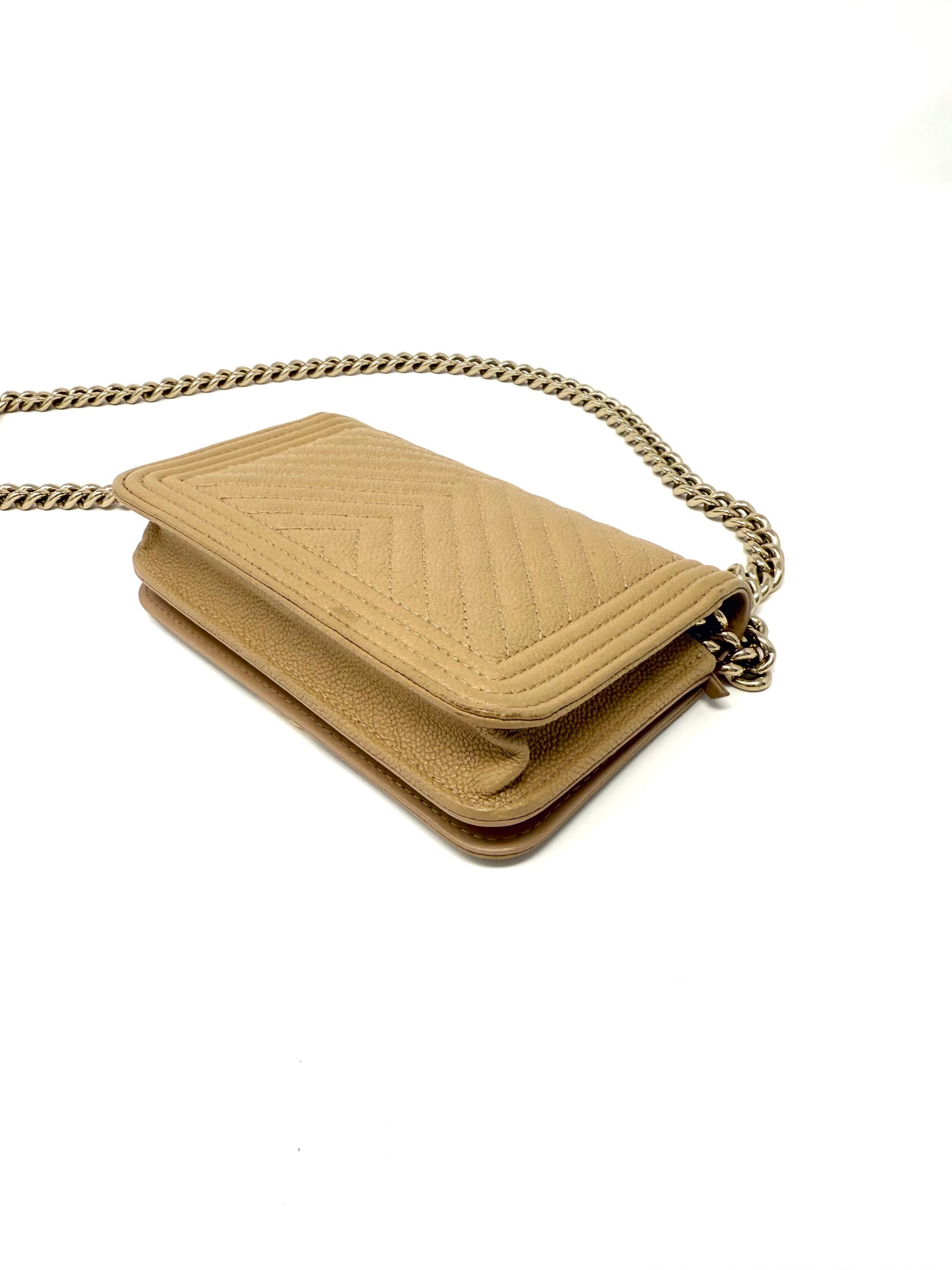Chanel Caviar Quilted Boy Wallet on Chain Mini Beige Nude
