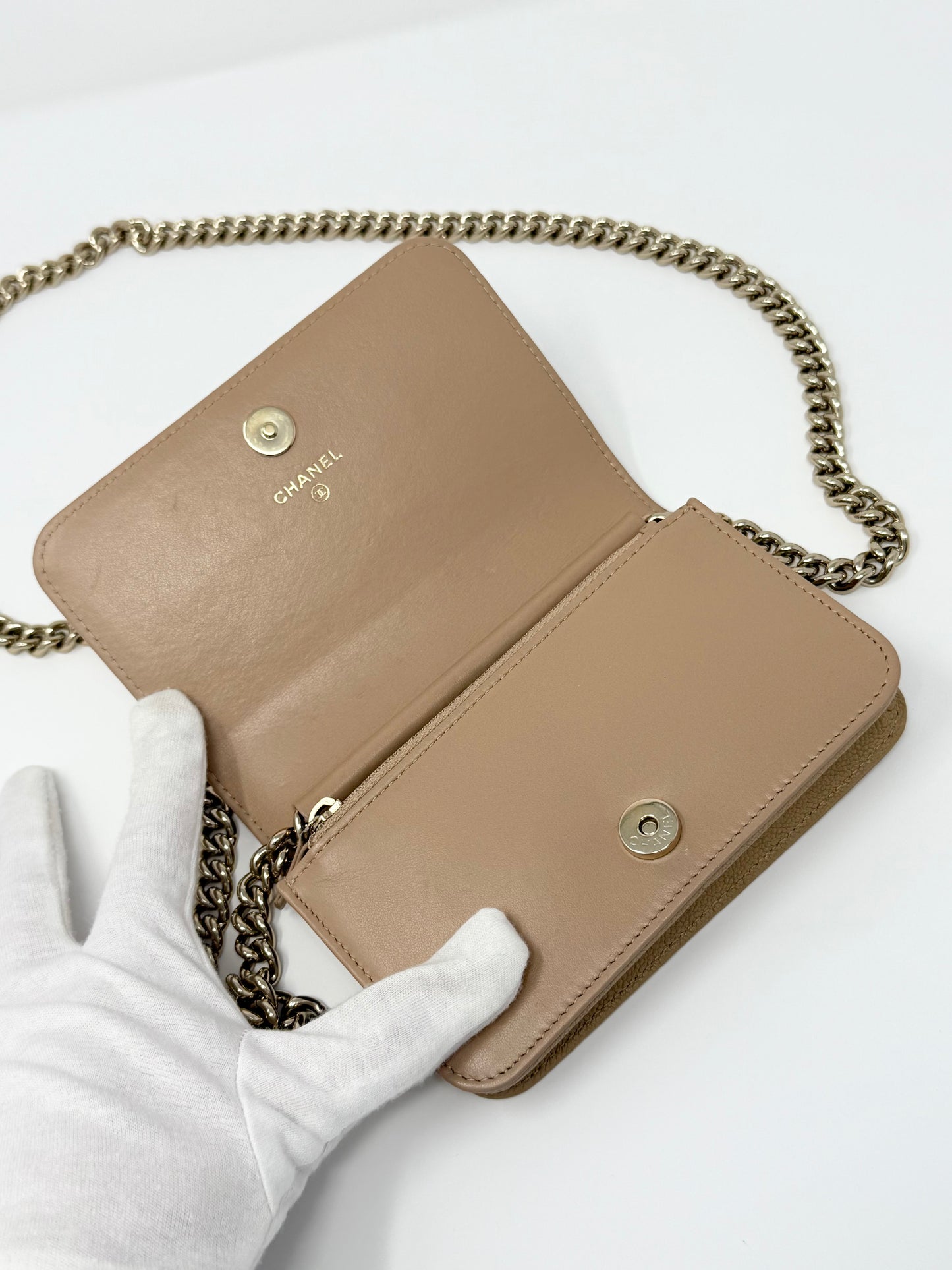 Chanel Caviar Quilted Boy Wallet on Chain Mini Beige Nude