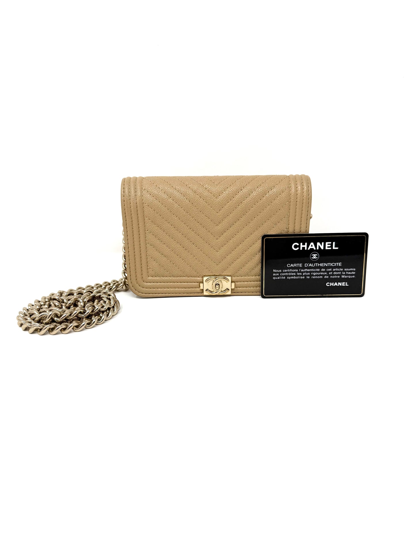 Chanel Caviar Quilted Boy Wallet on Chain Mini Beige Nude