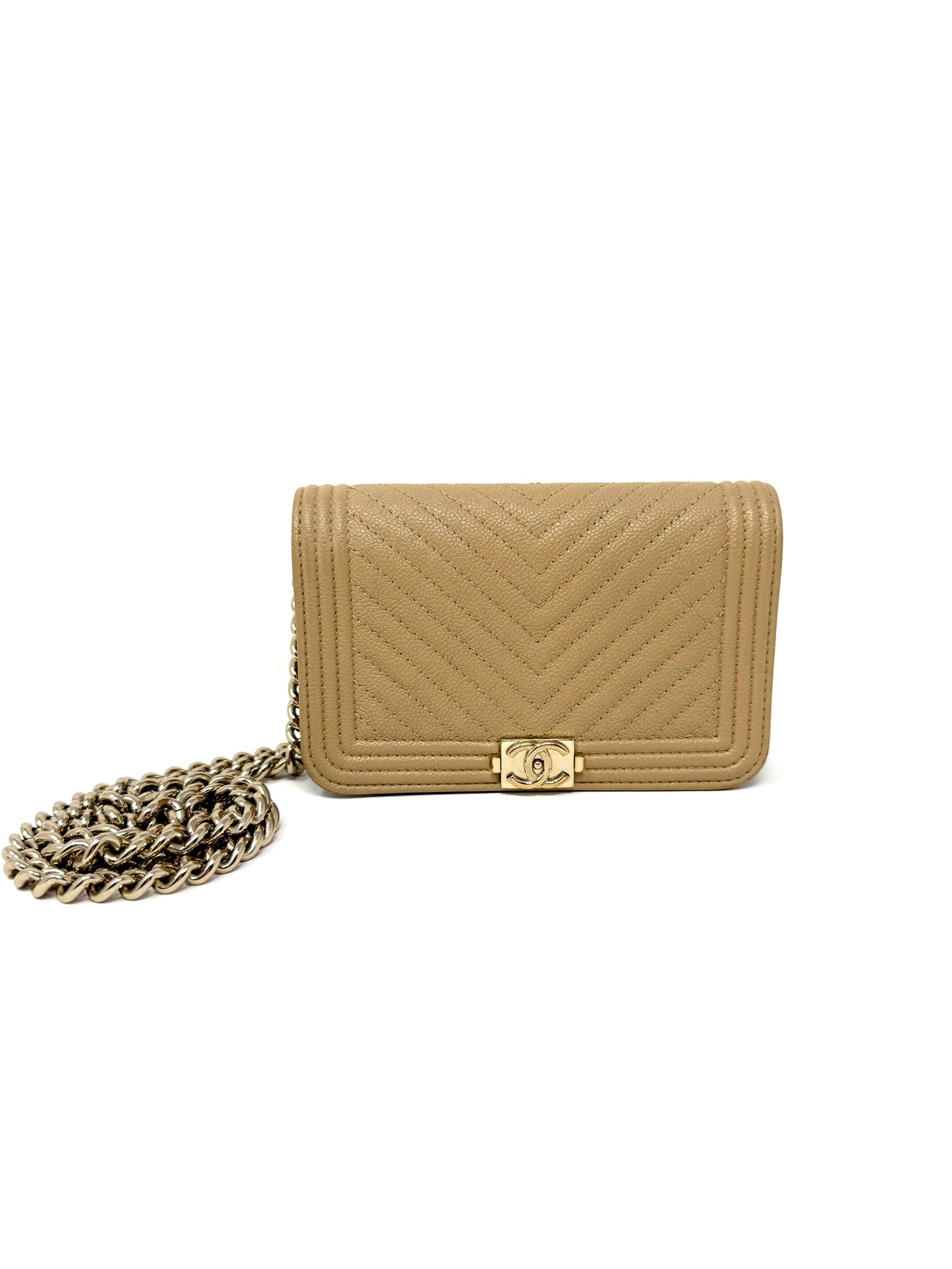 Chanel Caviar Quilted Boy Wallet on Chain Mini Beige Nude