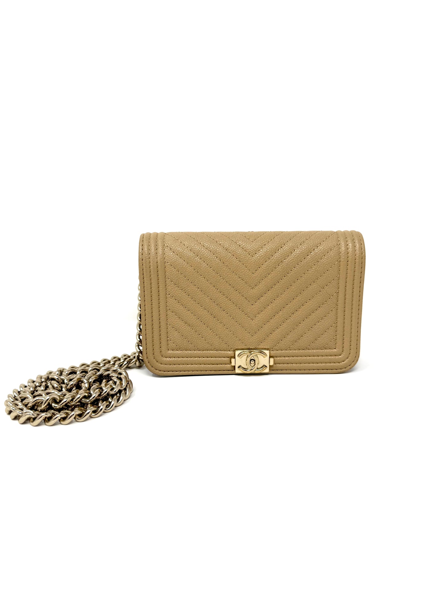 Chanel Caviar Quilted Boy Wallet on Chain Mini Beige Nude