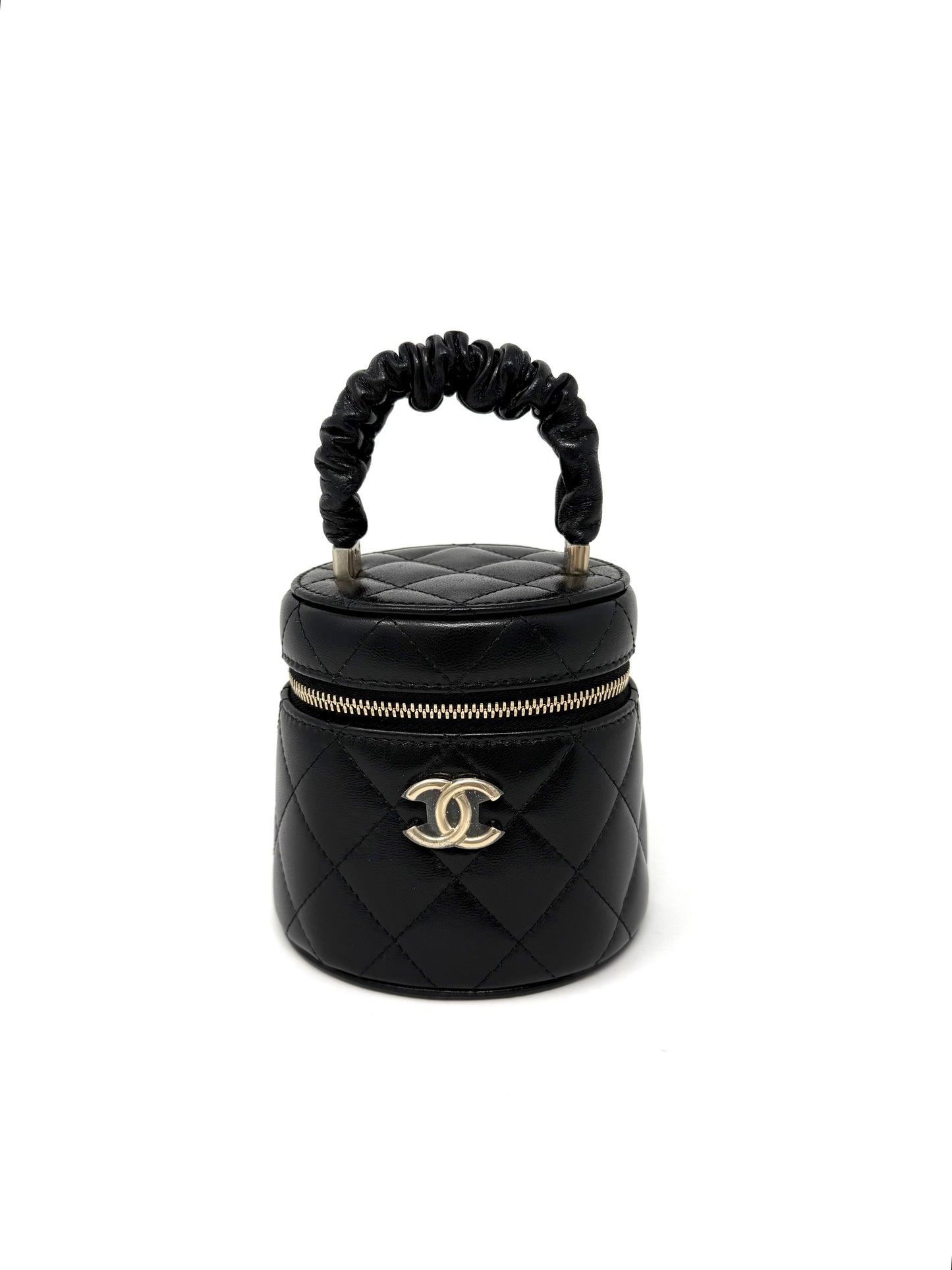 CHANEL Quilted Lambskin Ruched Handle Mini Vanity Case Black
