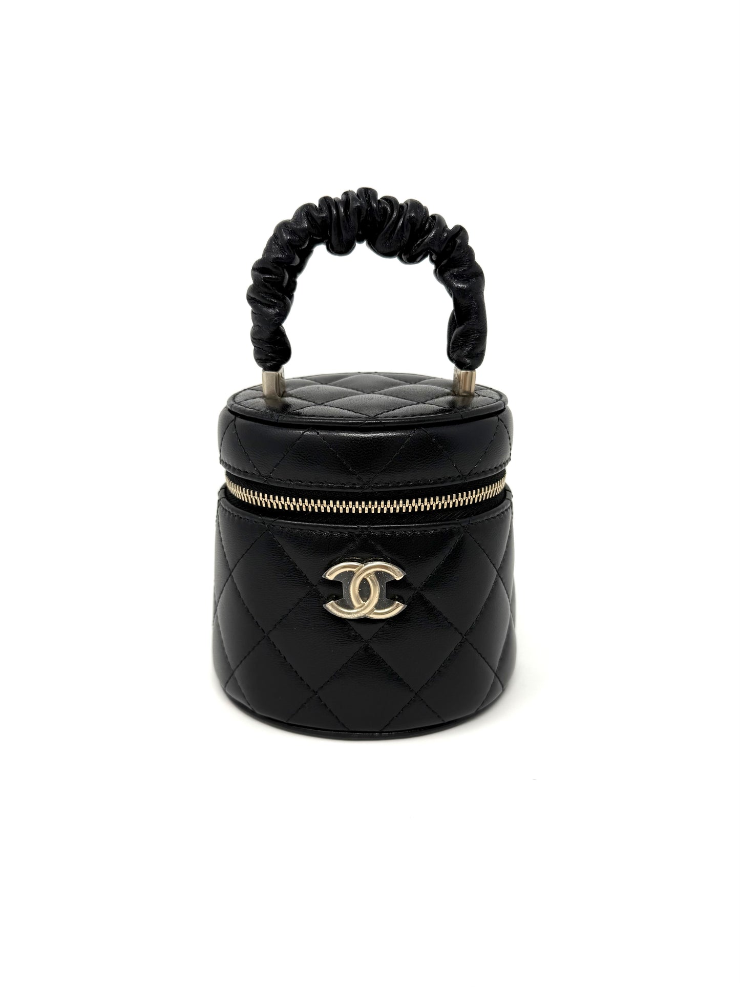 CHANEL Quilted Lambskin Ruched Handle Mini Vanity Case Black