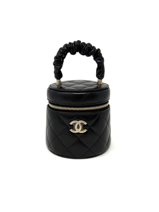 CHANEL Quilted Lambskin Ruched Handle Mini Vanity Case Black