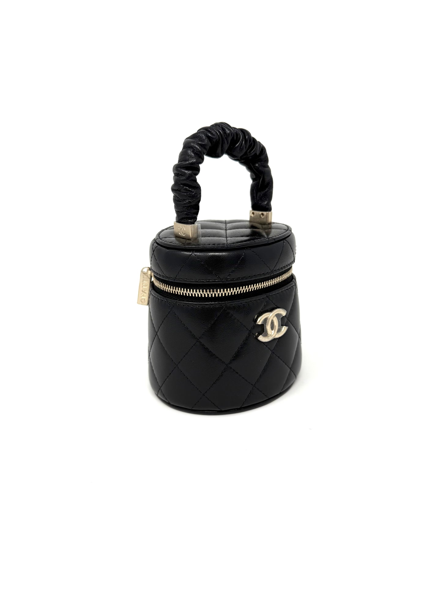 CHANEL Quilted Lambskin Ruched Handle Mini Vanity Case Black