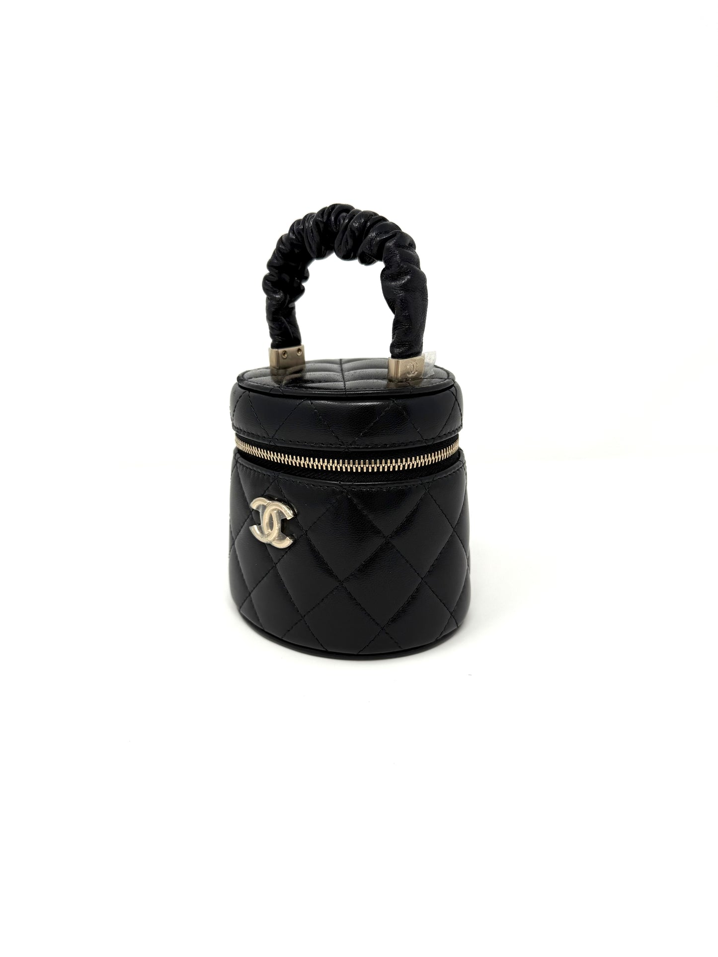 CHANEL Quilted Lambskin Ruched Handle Mini Vanity Case Black