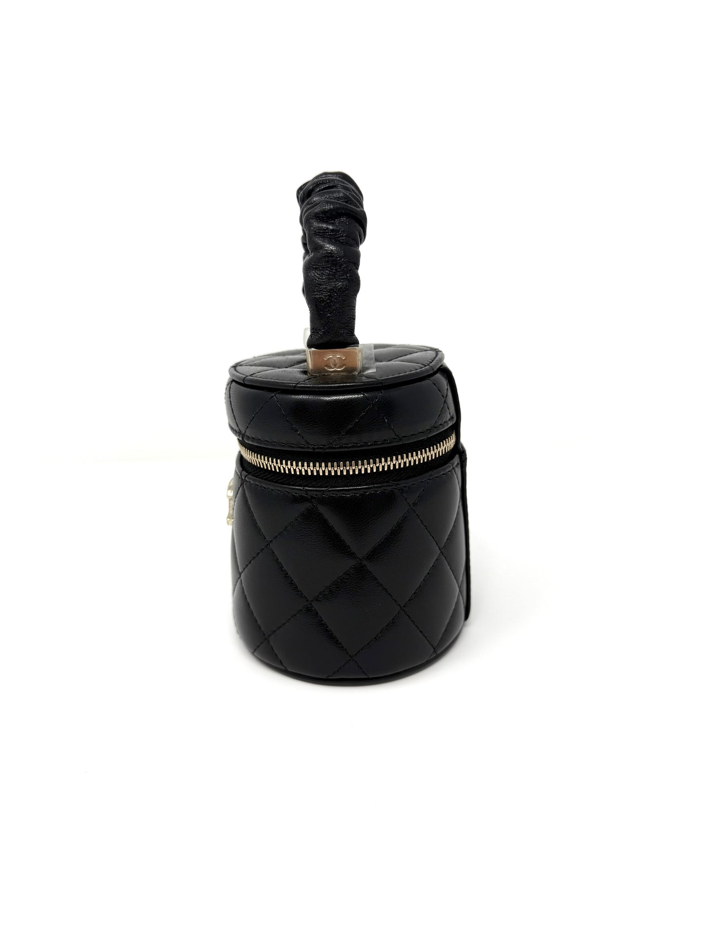 CHANEL Quilted Lambskin Ruched Handle Mini Vanity Case Black