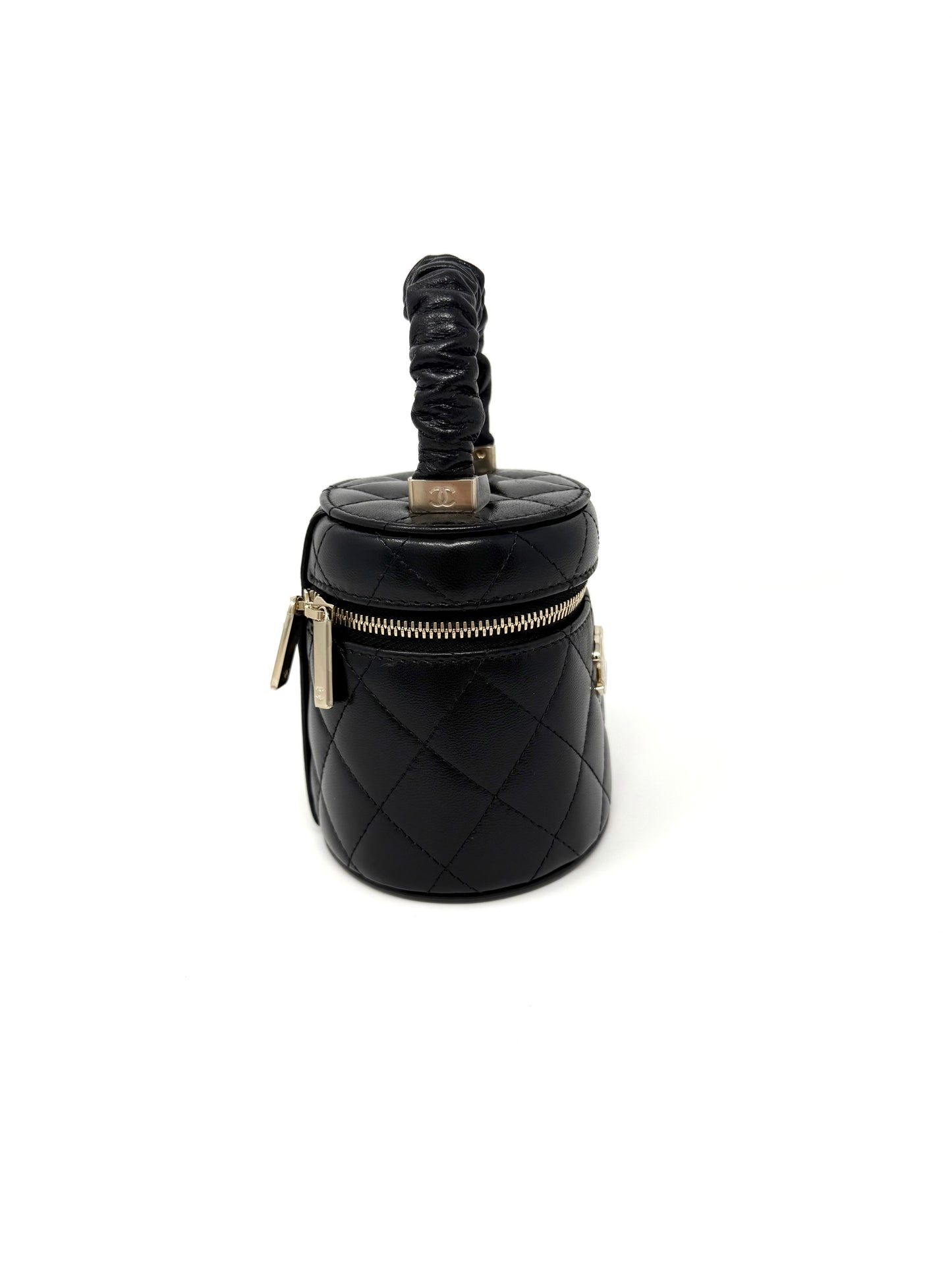 CHANEL Quilted Lambskin Ruched Handle Mini Vanity Case Black