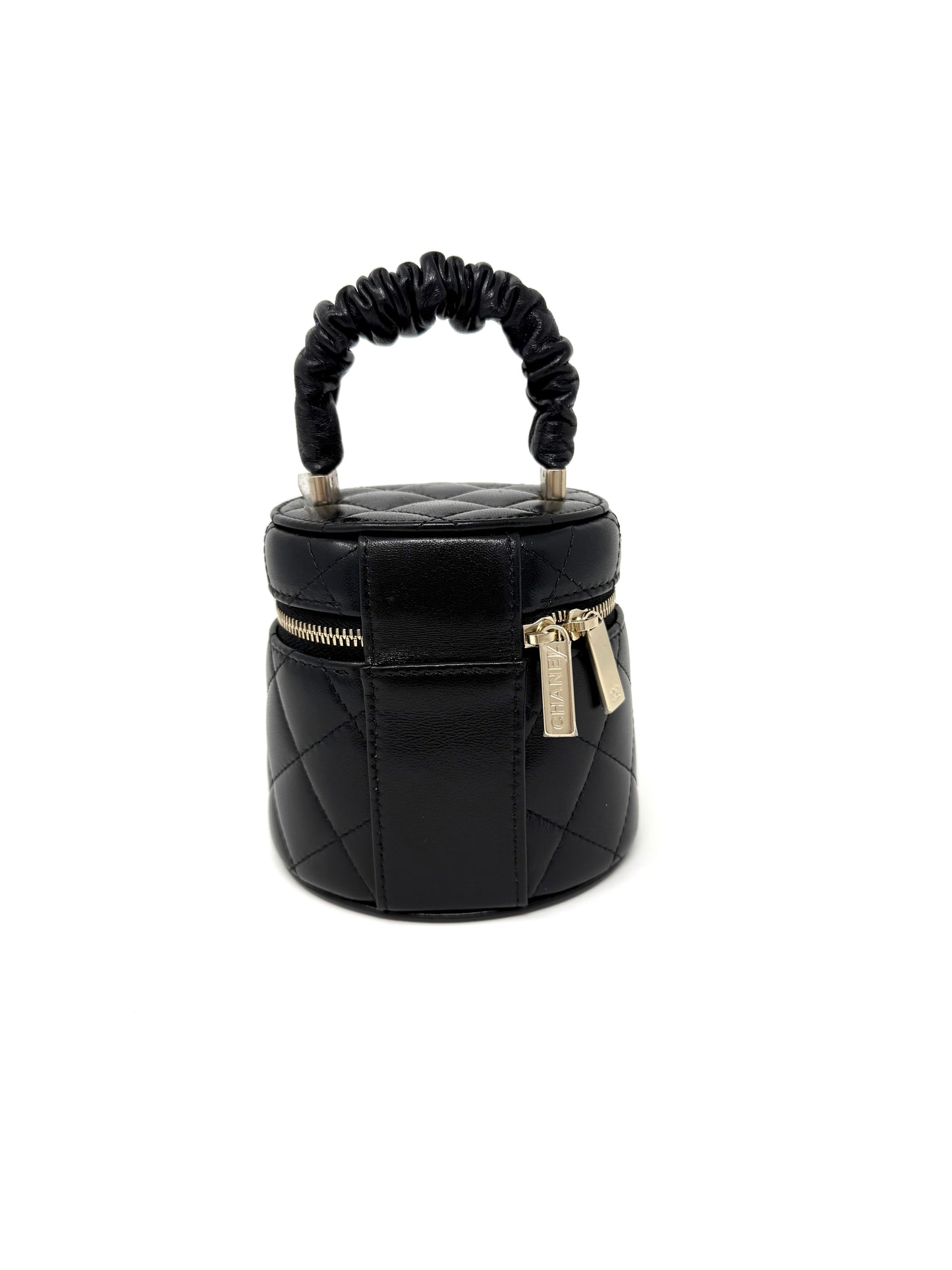 CHANEL Quilted Lambskin Ruched Handle Mini Vanity Case Black