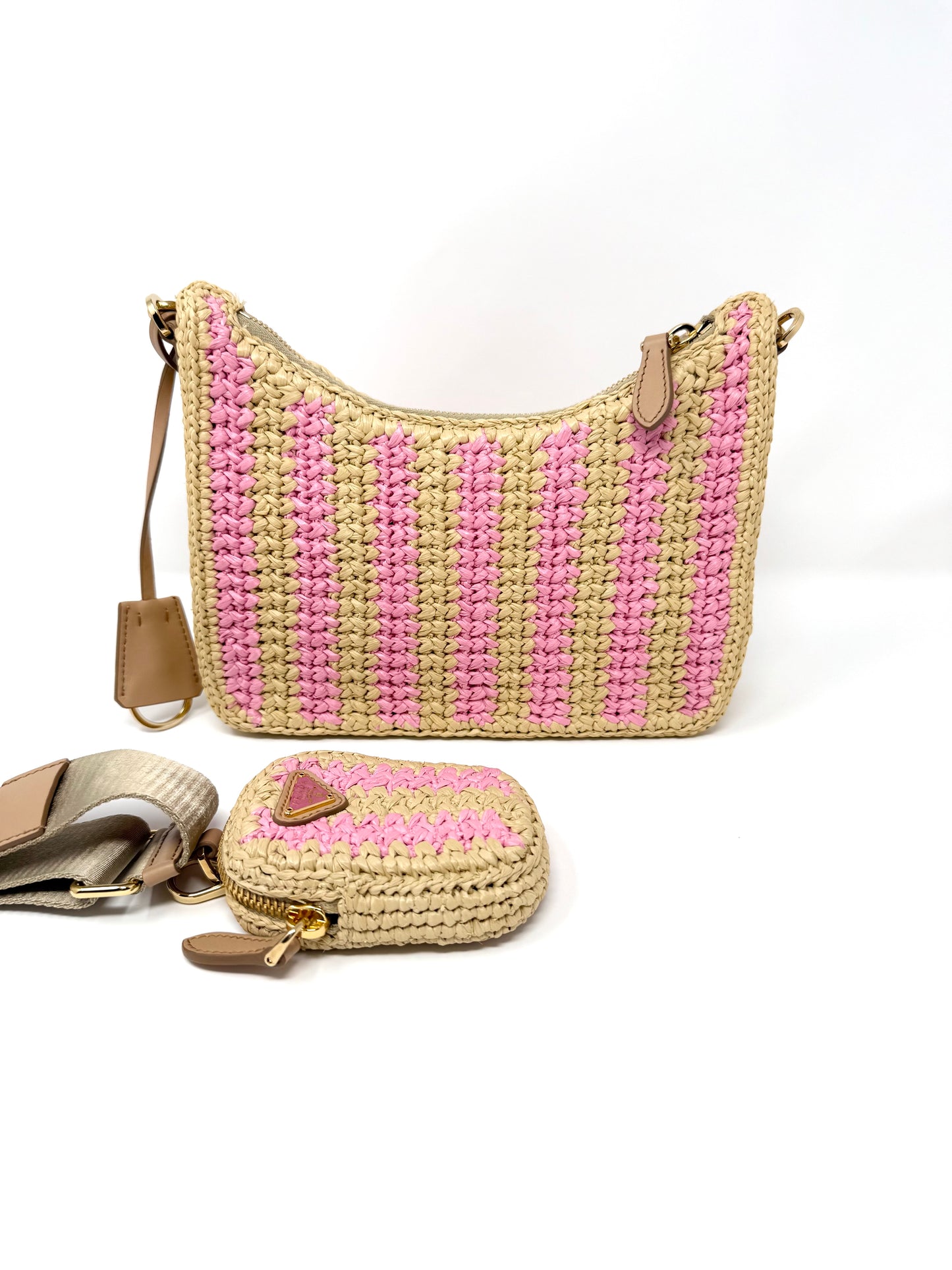 Prada Re-Edition 2005 Raffia Crochet Pink Striped Naturale Petalo
