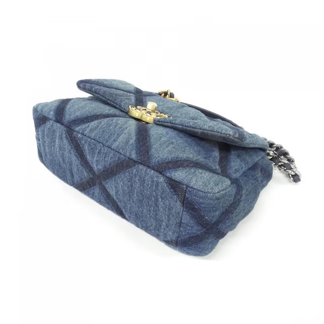 CHANEL 19 Dark Blue Denim Classic Flap Medium Gold Navy