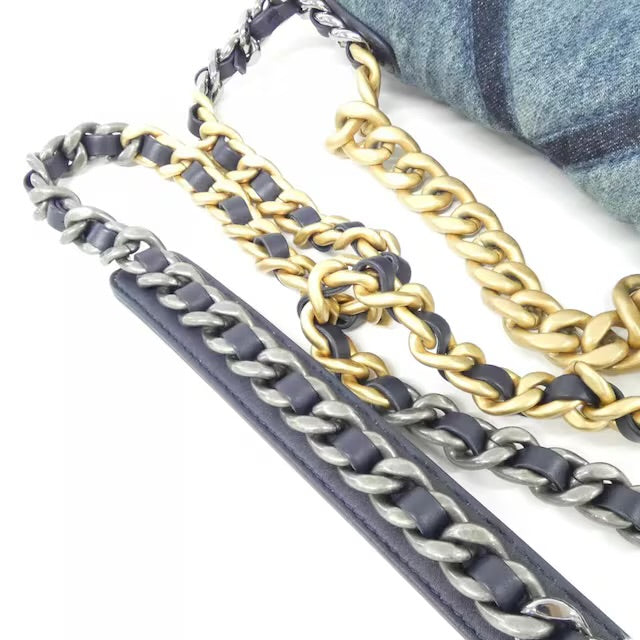CHANEL 19 Dark Blue Denim Classic Flap Medium Gold Navy