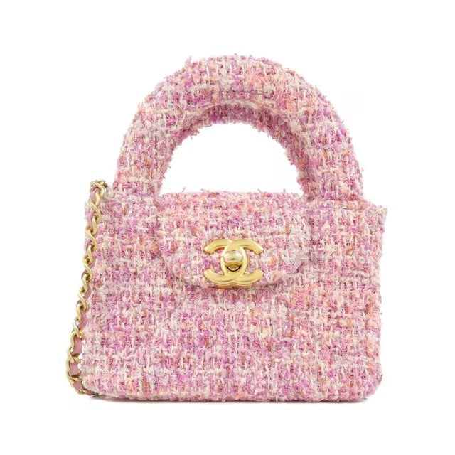 CHANEL Kelly Top Handle Nano Mini Shopper Chain Clutch Tweed Pink