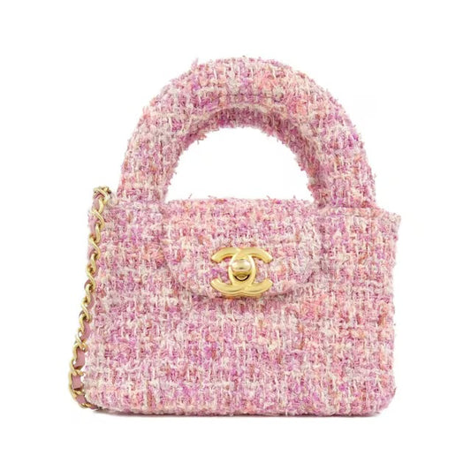 CHANEL Kelly Top Handle Nano Mini Shopper Chain Clutch Tweed Pink