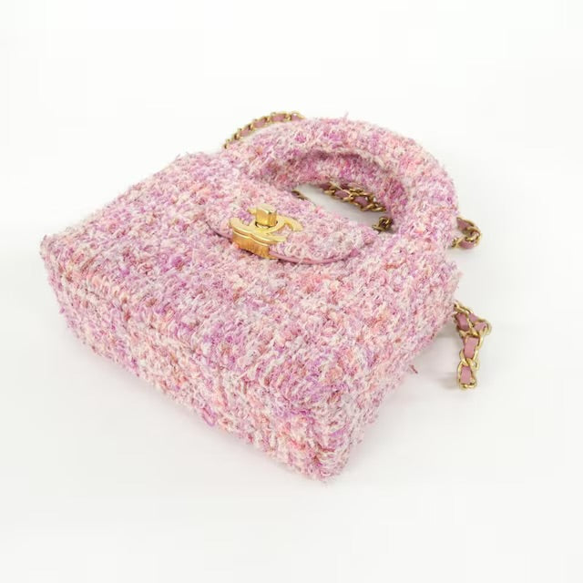CHANEL Kelly Top Handle Nano Mini Shopper Chain Clutch Tweed Pink