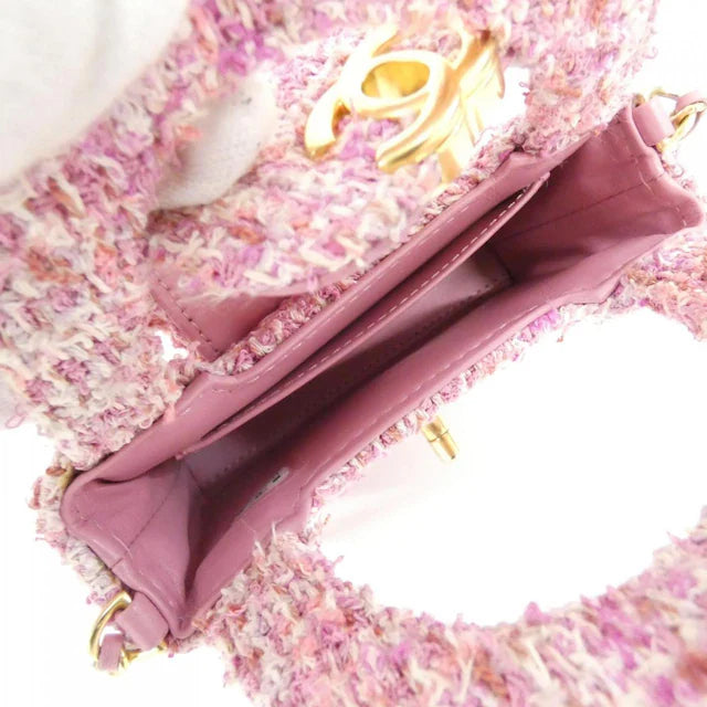 CHANEL Kelly Top Handle Nano Mini Shopper Chain Clutch Tweed Pink